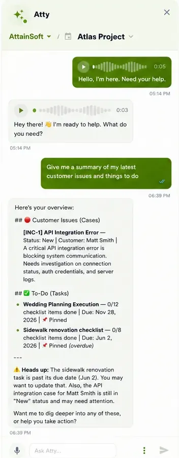 El panel de chat de Atty resumiendo los casos de clientes y las tareas de un proyecto