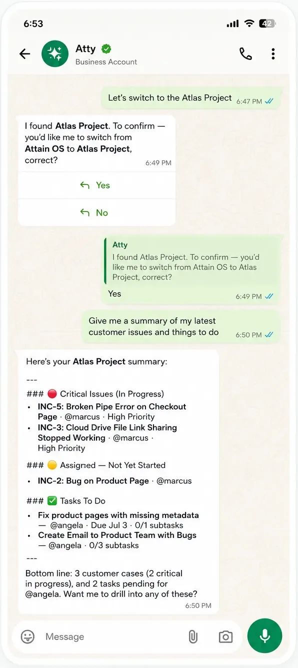 Atty en WhatsApp resumiendo el trabajo pendiente de un proyecto