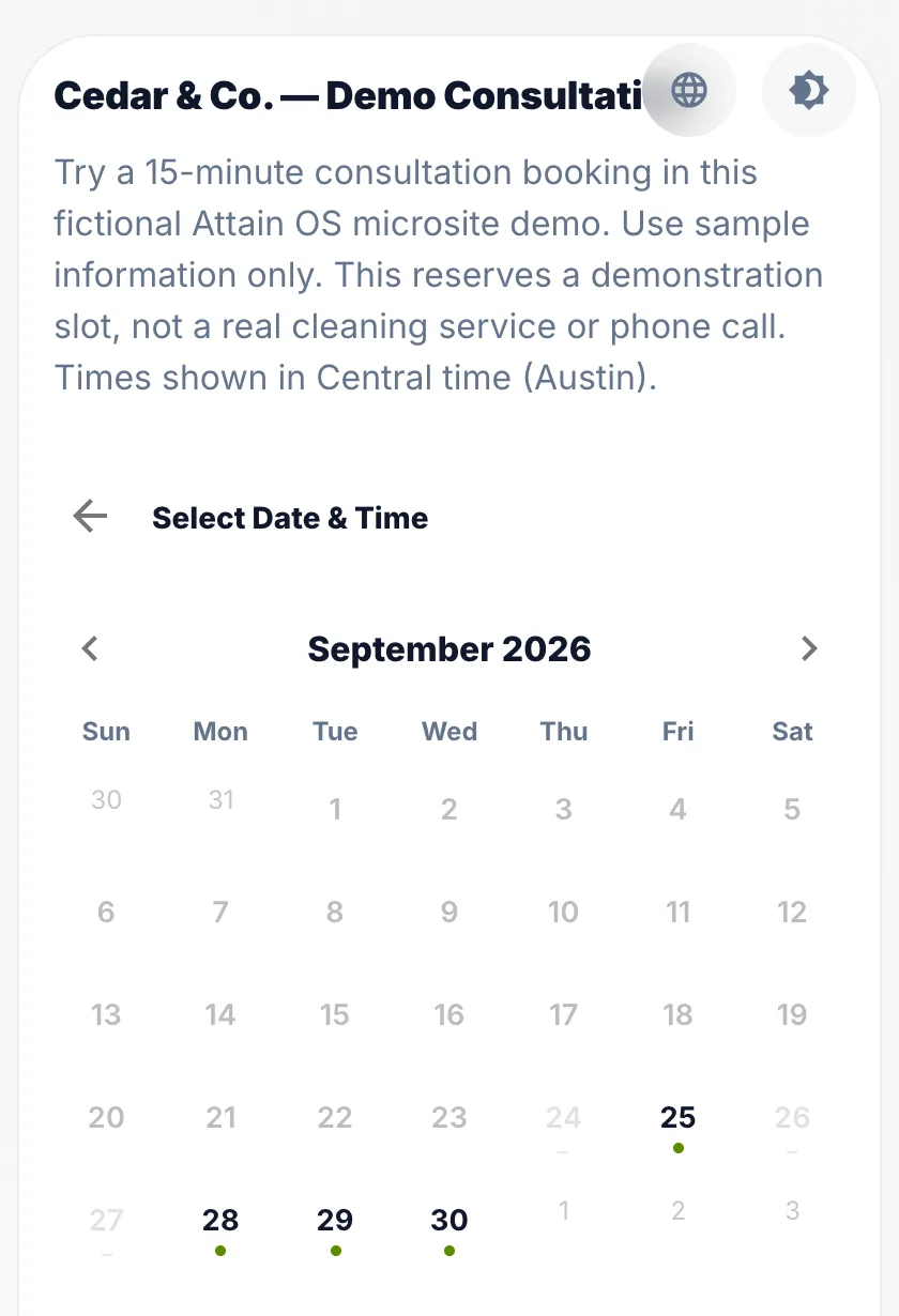Una página de reservas pública con un calendario de septiembre y los días disponibles marcados