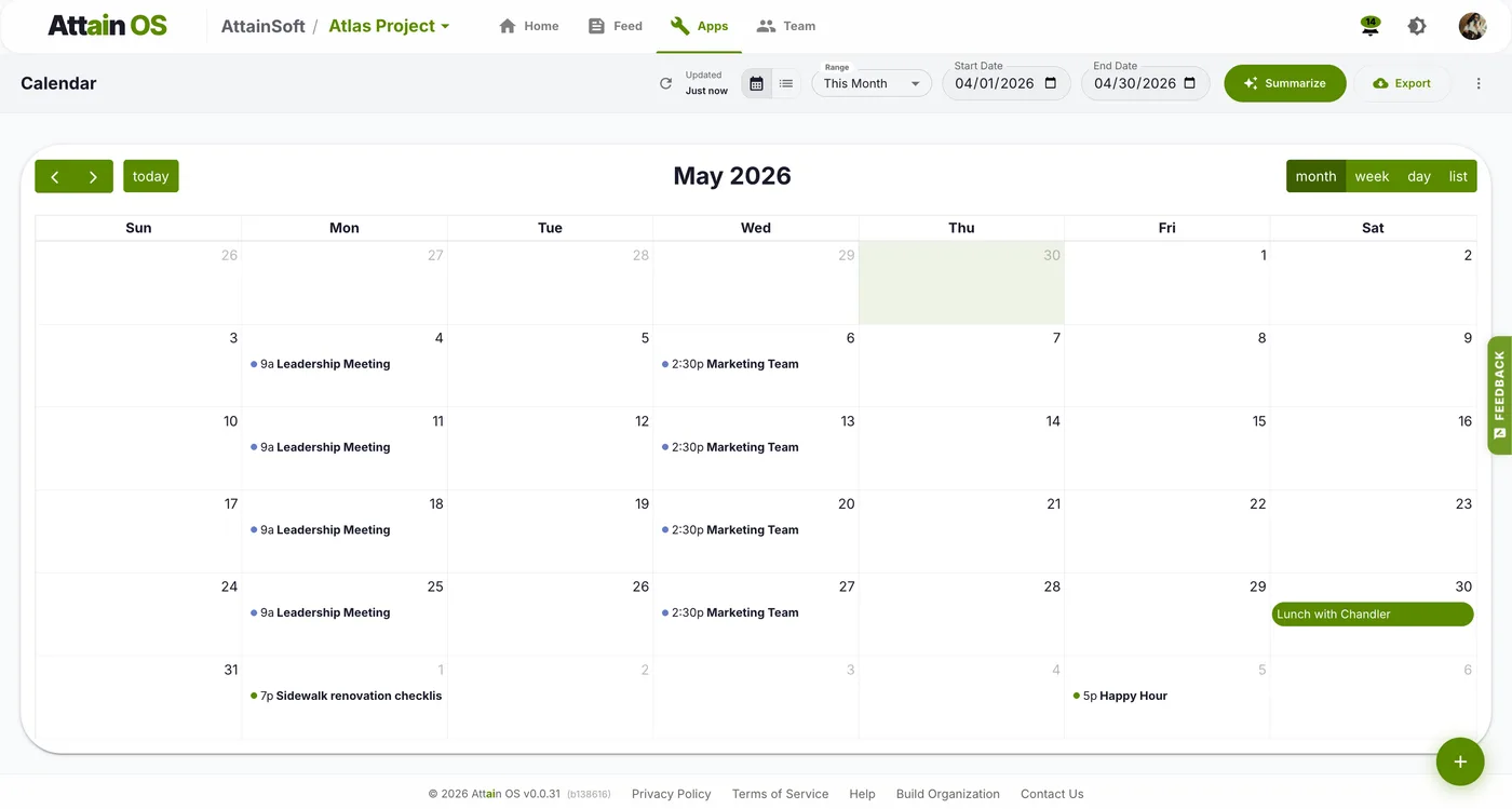 La app de Calendario mostrando un mes de reuniones y eventos