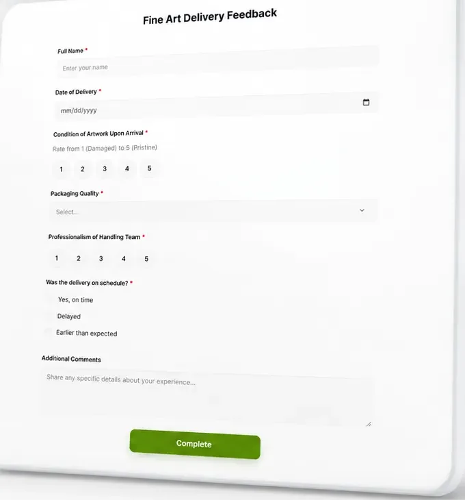 A published form a customer fills in, with ratings, a date and a comment box